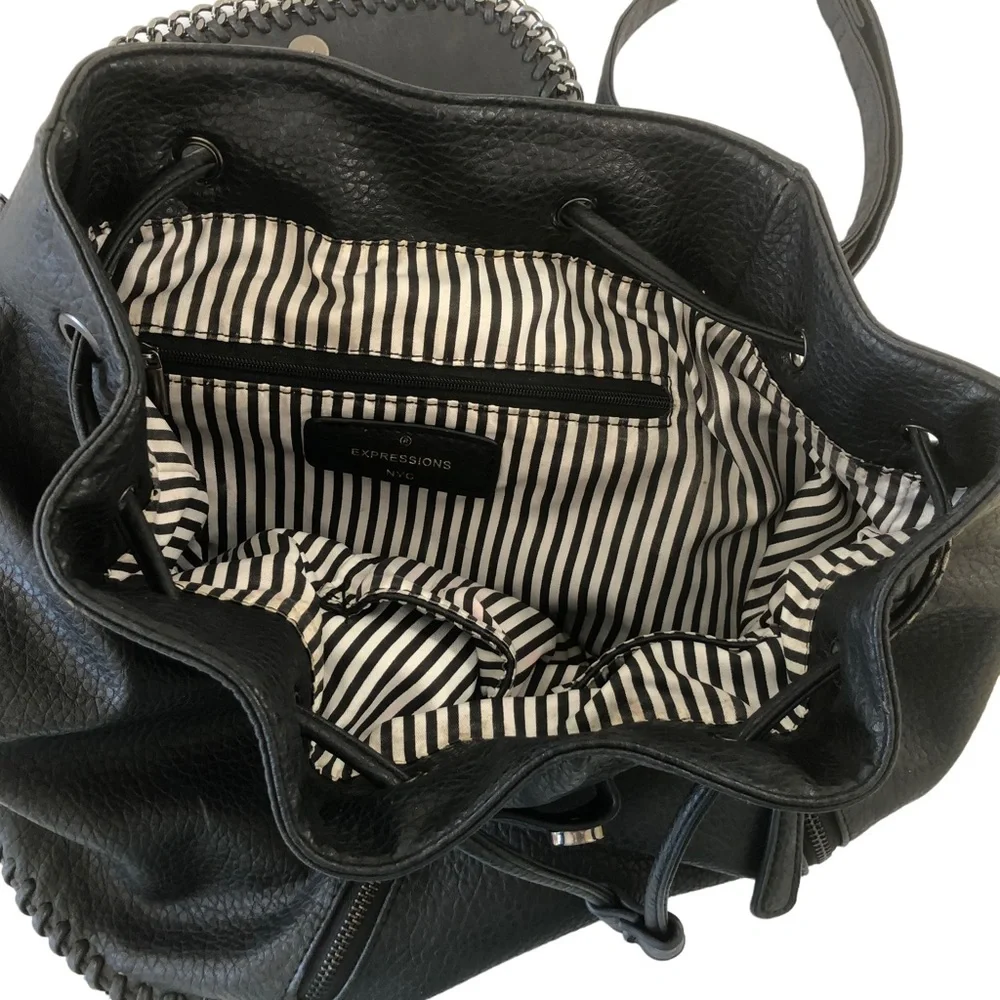 Expressions NYC Lg Black Luxury Vegan Leather Backpack Shoulder Bag GUNMETAL